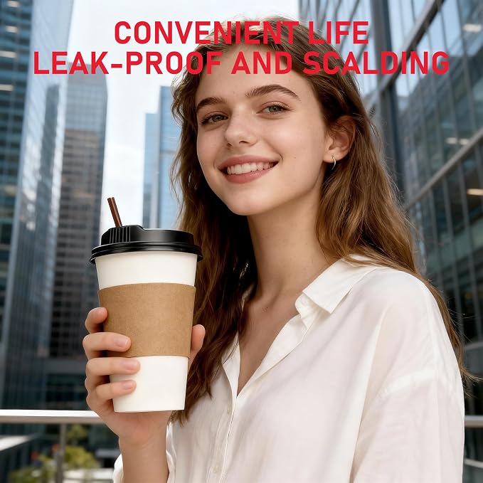 16 oz 100 Pack Coffee Cups with Lids, Sleeves and Stirring Sticks, Hot Paper Coffee Cups with Lids, To Go Cups with Lid for Coffee, Tea, Hot Chocolate, Ideal for Cafes, Offices and Travel - Image 7