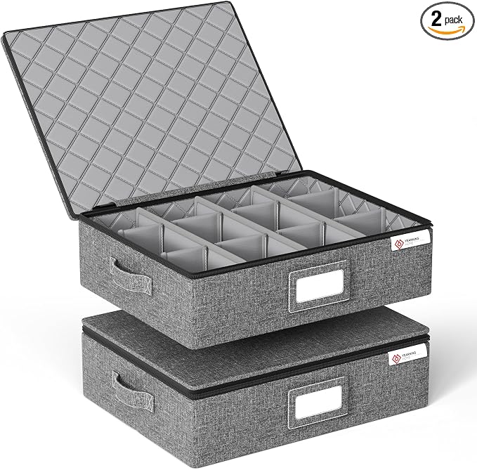 Cup and Mug Storage Box with Hard Shell and Dividers for Coffee Mugs,Tea Cups and Glasses,Stackable Storage Organizers with Lid,Handles,Zips and Label for Moving,Holds 12,2 Pack, Grey by YEARNINGHOME