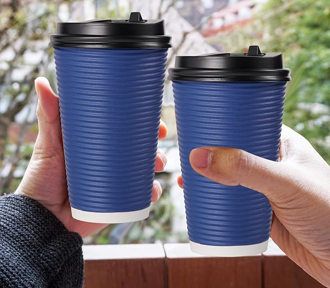 LITOPAK 80 Pack Insulated Ripple Wall 16 oz Disposable Paper Cups, Three Layer Insulated Hot Paper Coffee Cups with Lid and Straws for Parties, Picnics, and Travel