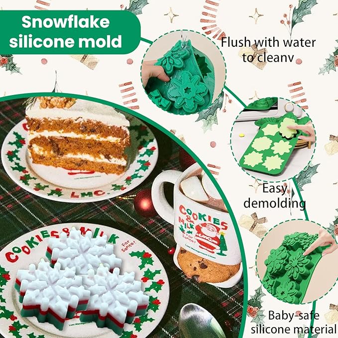Snowflake Silicone Molds, 2Pcs Christmas Chocolate Snowflake Mold for Xmas Holiday Cake Cookie Soap Muffin Jelly Ice Cube Making Winter Party Home Decorations