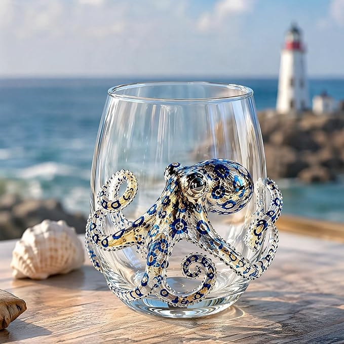 Ocean-Themed Blue Ringed Octopus Hand-Blown Glassware | Ocean-themed octopus glassware: hand-blown coastal stemless wine glasses for ocean lovers - Image 8
