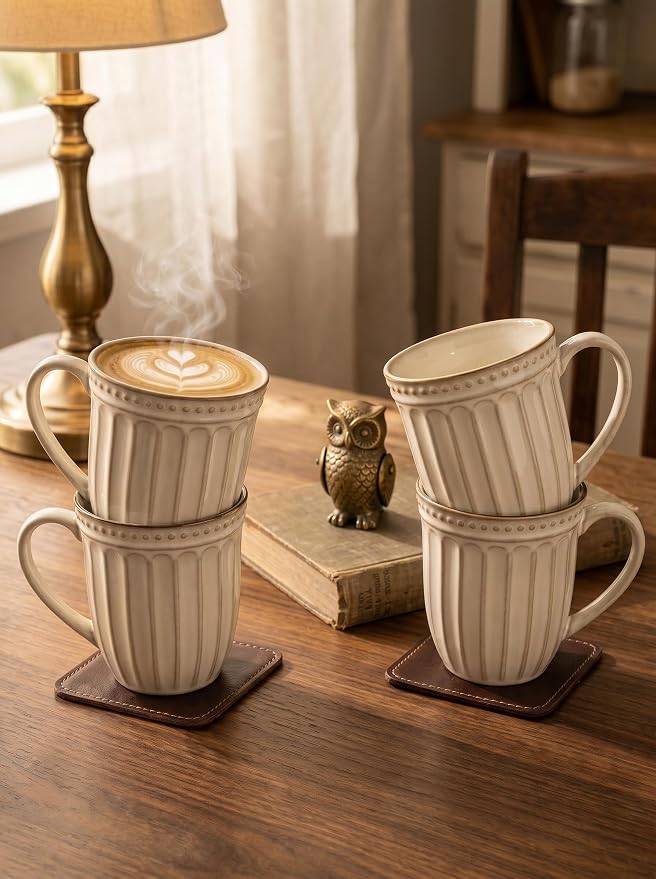 HASENSE Textured Coffee Mugs Set of 4, 16 Oz Ribbed Ceramic Cups with Large Handle for Latte Tea Cappuccino, Stackable Embossed Mugs for Everyday Use, Microwave & Dishwasher Safe, Creamy Beige - Image 4
