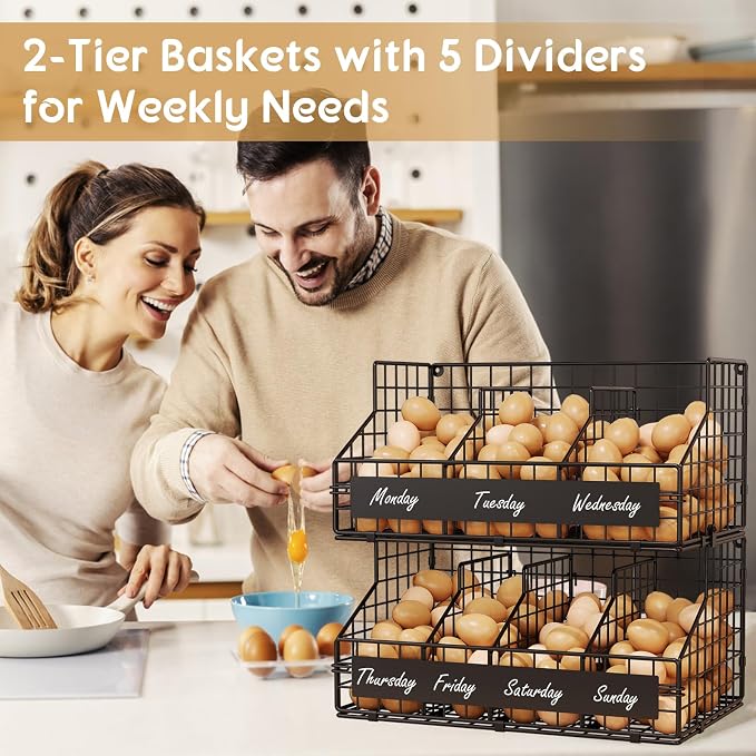 Egg Holder Countertop,Metal Egg Rack with Adjustable Dividers & DIY Labels | 2-Tier Stackable Wire Baskets, XXL Egg Basket for Gathering Fresh Eggs - Wall-Mounted Egg Storage, Chicken Coop Accessories - Image 6