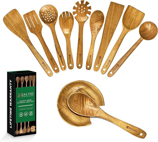 Zalvio 10-Piece Acacia Wood Utensil Set – Handmade Wooden Spoons with Spoon Rest | Heat-Resistant Eco-Friendly Cooking Tools for Nonstick Cookware