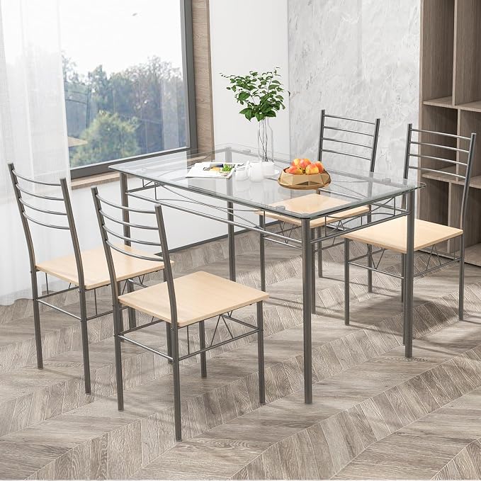 Giantex 5 Piece Dining Table Set, Kitchen Dining Set with Tempered Glass Table Top and 4 Chairs, Dinette Set for 4 for Breakfast Nook Dining Room Kitchen (Transparent) - Image 2