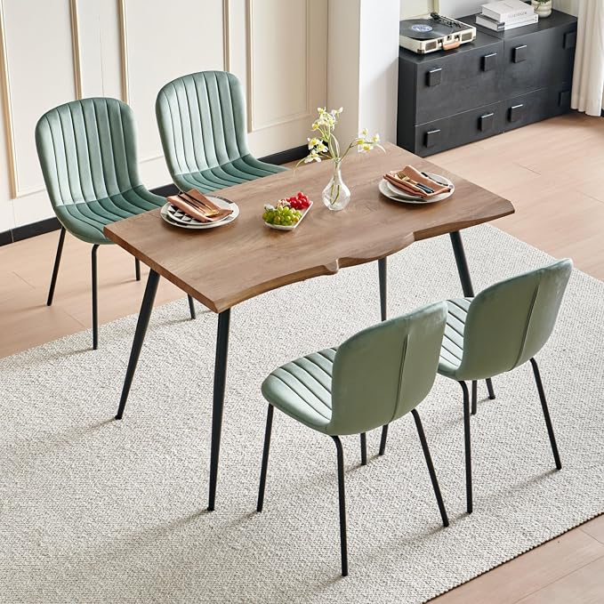 Rectangle Dining Table Set for 4 with Sage Green Velvet Chairs | 5-Piece Mid-Century Modern Set, Irregular MDF Table, Wood Grain, Space-Saving for Small Spaces, Dining Rooms, Easy Assembly - Image 7