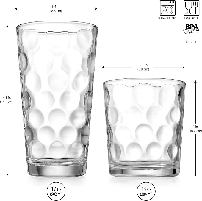 Home Essentials Drinking Glasses Set of 16, 8 Highball Glasses -17 oz., 8 Rocks Whiskey Glass Cups 13 oz., Inner Circular Lensed Glass Cups. - Image 3