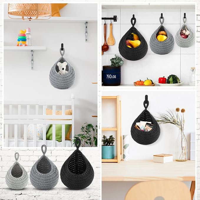 Honeydak Boho Decor Hanging Wall Baskets for Kitchen 3 Pack Teardrop Baskets with Hooks Storage Fruit Onion Vegetable Potato for Home 3 Sizes(Light Grey, White, Dark Grey,Teardrop,Cotton Rope) - Image 5