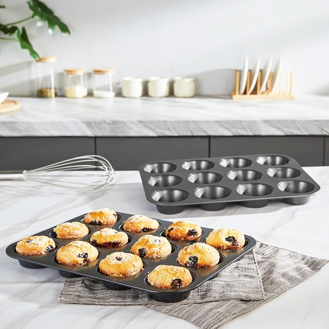 Muffin Pan for Baking, Nonstick Cupcake Tin 12 Cup, 2 Pack Cup Cake Tray, Premium Cheesecake Pans, Dishwasher Safe - Dark Grey - Image 3