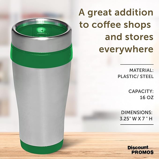 DISCOUNT PROMOS Insulated Stainless Steel Travel Mugs 16 oz. Set of 10, Bulk Pack - Perfect for Coffee, Soda, Other Hot & Cold Beverages - Green