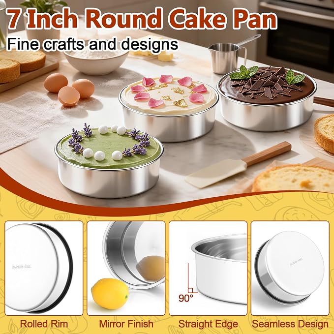P&P CHEF 7 Inch Cake Pan Set of 3, Stainless Steel Round Cake Baking Pan | Layer Cake Tin Bakeware for Cooking Steaming, Ideal for Birthday Wedding Anniversary, Fit for Home & Commercial Use - Image 3