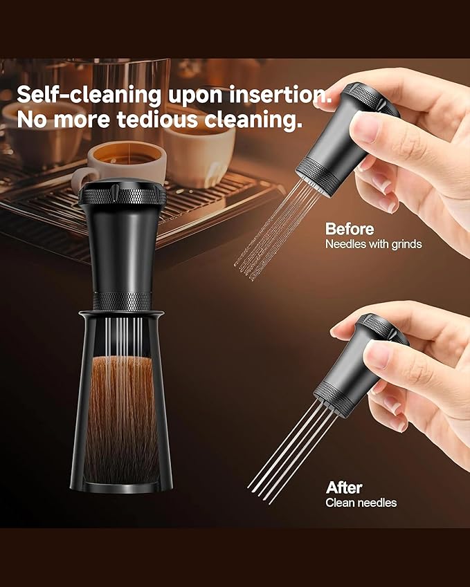 WDT Espresso Distribution Tool - Espresso Accessories with Built-in Cleaning Brush - Espresso Stirrer Tools- 0.35mm 7 Needle Distributor and Extra 7 Needles - Aluminum Handle with Stand