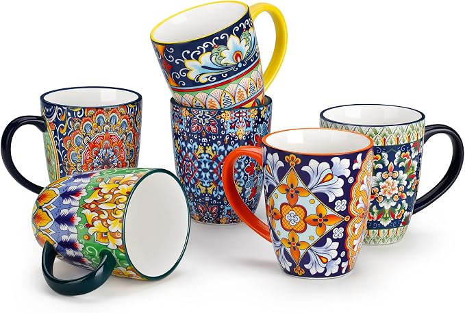 vancasso SIMI 12 oz Coffee Mugs Set of 6, Ceramic Mug with Handle, Boho | Coffee Cups for Latte, Tea, Cappuccino & Hot Chocolate, Easy-Grip Mug, Dishwasher & Microwave Safe, Bohemian Gift Set by vancasso