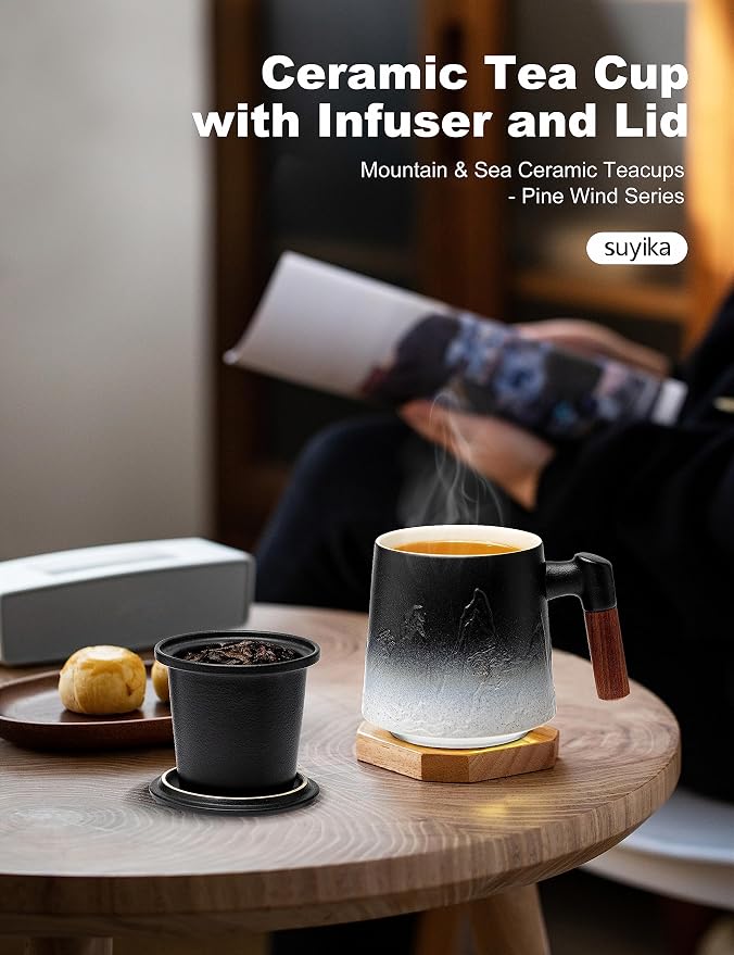 suyika Ceramic Tea Cup with Infuser and Lid, Gradient Embossed Large Tea Mug Wooden Handle for Steeping Loose Leaf, Tea Lover Gifts 15.2 oz / 450 ml,Matte Black - Image 6
