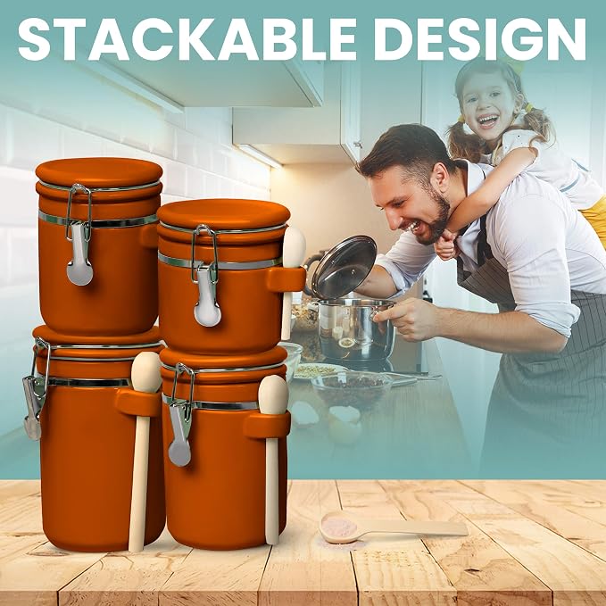 Home Intuition Ceramic Kitchen Canisters Set of 4 with Wooden Spoon Set – Airtight Containers, Metal Latches for Utmost Freshness – Sugar, Coffee, Flour, Tea & More | Rust - Image 7