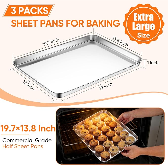 LIANYU Stainless Steel Baking Sheet Set of 3, 20”x14”, Dishwasher Safe | Cookie Sheet Pan, Heavy Duty, Rust Free, No Coating, Large Cookie Baking Pan, Commercial Grade Bakeware, Easy Cleaning - Image 2