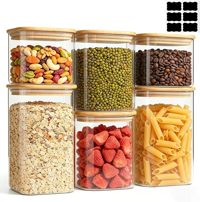 ComSaf Glass Pantry Storage Containers (0.7qt/1.2qt/1.6qt) Set of 6 Jars | Glass Storage Containers With Lids, Rectangle Glass Canisters With Airtight Lids For Kitchen, Spices, Tea, Coffee, BPA Free by ComSaf