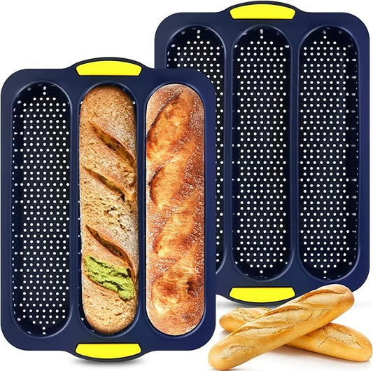 2 Pcs Silicone Baguette Bread Pan, Non-Stick Bread Loaf Pan Food Grade, 3-Cavity Perforated French Baking Mold for Homemade Bread, French Baguette, Sandwich Rolls