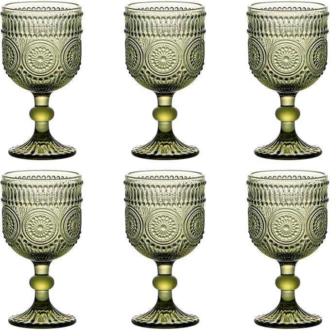 Taganov Green Wine Glasses Drinking Water Goblets set of 6 Vintage Colored Glassware 12 Ounces Sunflower Stemmed Cups for Wedding Party Bars Restaurants by Taganov