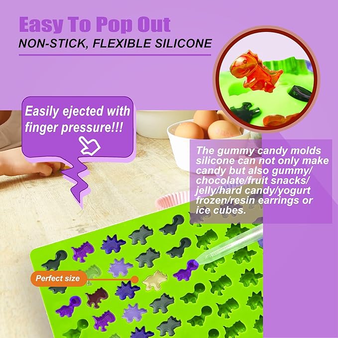 4 Pcs Silicone Gummy Candy Molds Kit with 2 Droppers | Non-Stick Large Bear/Dinosaur/Donut/gummy worm 200+ Cavities | BPA Free Chocolate Jello Molds for Kids, DIY Baking & Party Favors