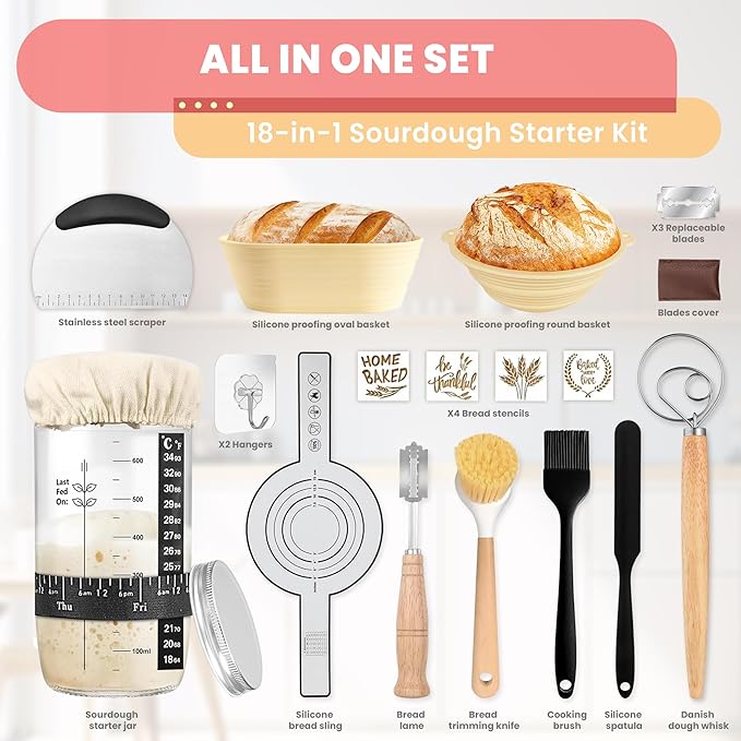 SWAKIK18 Plus Sourdough Starter Kit Set Sourdough Bread Baking Supplies Great Gift Beginners Bread Makers 24oz Fermentation Jar 9" and 10" Silicone Banneton Bread Proofing Basket, Dough Whisk