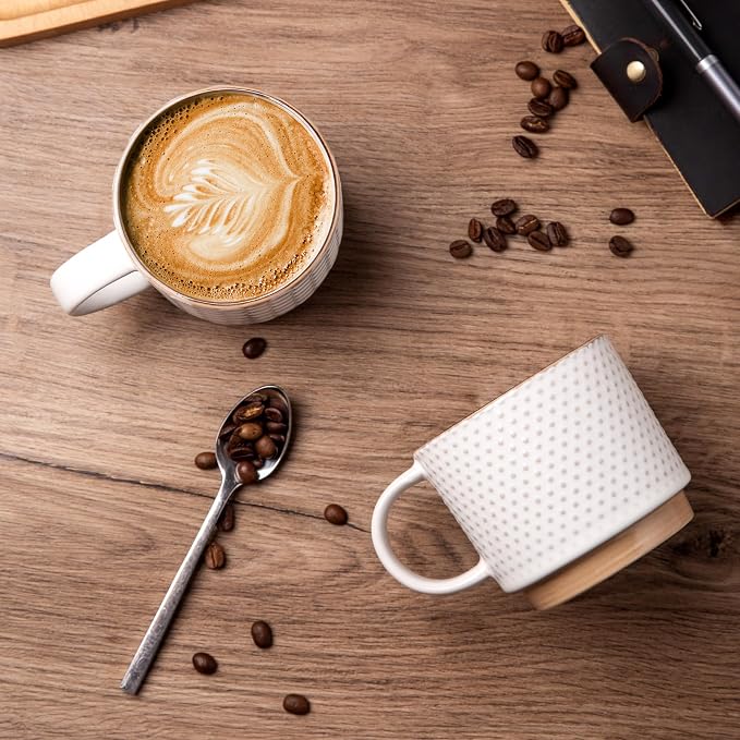GBHOME 12OZ Stackable Coffee Mugs, Ceramic Coffee Mugs with Texture Patterns for Man,Woman,Dad,Mom, Modern Coffee Mugs Set of 4 for Latte/Cappuccino/Cocoa. Dishwasher&Microwave Safe, Off White | 4 Assorted Designs, Embossed Mugs with Texture Patterns f... - Image 2