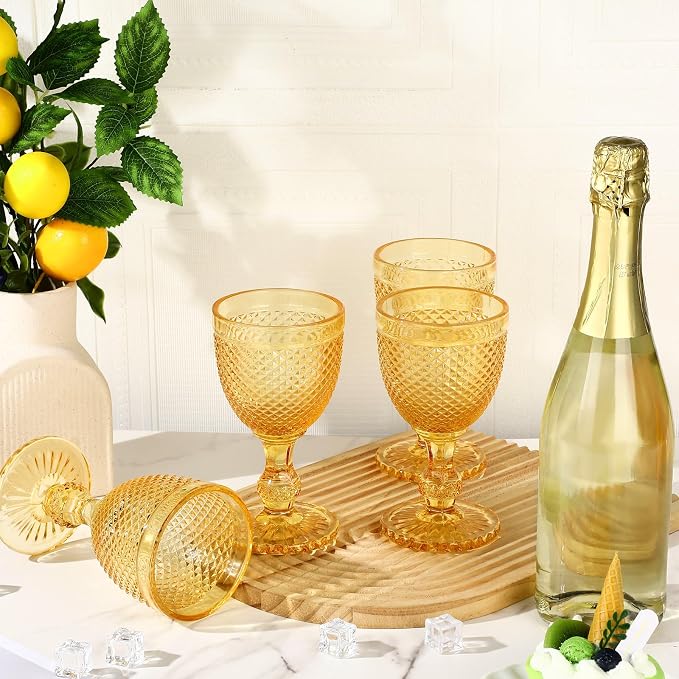 Bokon 6 Pack Amber Glass Goblets Set 10 oz High Clear Wine Glass Vintage Water Goblets Cups Embossed Diamond Design Glassware with Stem for Drinking Juice Liquor Party Wedding Bar - Image 4