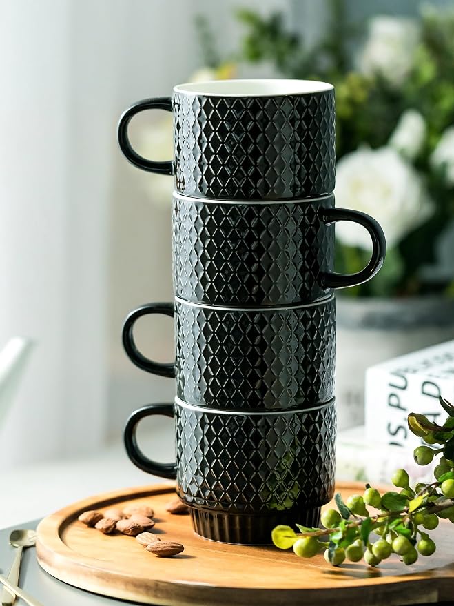 LYEOBOH Stackable Coffee Mugs Set of 4 with Rack & Spoons Coffee Mug Set 13 OZ., Ceramic Embossed Grinding Demitasse Cups Set Cappuccino Cup Halloween for Coffee, Latte, Macchiato, Espresso, Black - Image 8