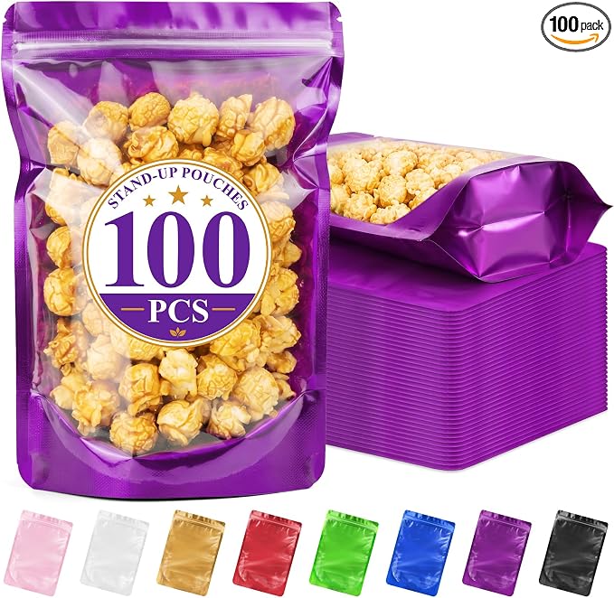 ANZNKU 100PCS Mylar Bags Resealable Small Smell Proof Bags(Purple, 6.3x9.5) | Stand Up Foil Pouches Clear Window, Sealable Bags for Small Business Packaging Snack Party Favors Candy Treats Food Storage by ANZNKU