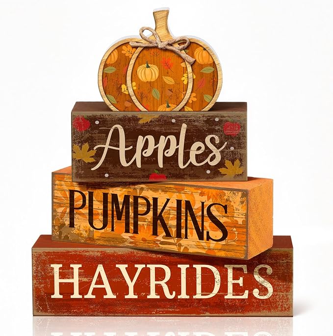 Moucuny 4 Pcs Fall Pumpkin Decor Fall Decorations for Home Wooden Pumpkin Decor Thanksgiving Table Centerpiece Rustic Hay Rides Autumn Stacked Block Signs Farmhouse for Harvest Party Home Kitchen by Moucuny