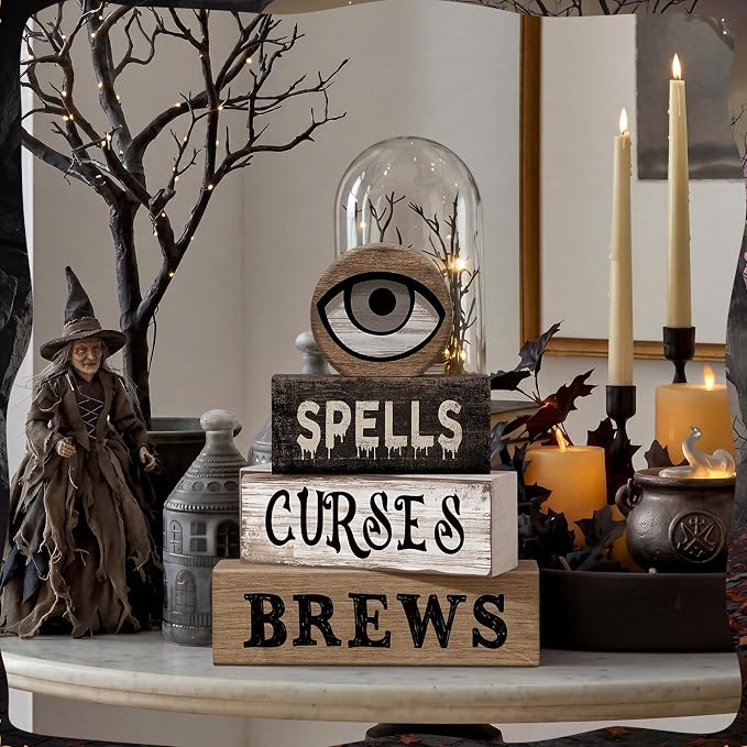 Moucuny 4 Pcs Halloween Table Decor Witchy Wooden Stacked Block Decor, "Spells Curses Brews" Signs with Eyeball Topper, Rustic Gothic Halloween Tiered Tray Decoration for Home Office Kitchen Shelf - Image 5