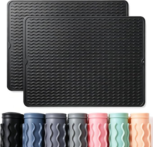 2 Pack Caketime Silicone Dish Drying Mat for Kitchen Counter Under Sink Protector Organizers Cooking Baking Espresso Machine Accessories Appliance Stone Rack Trays Drain Extra Large 24"x18" Black by CAKETIME
