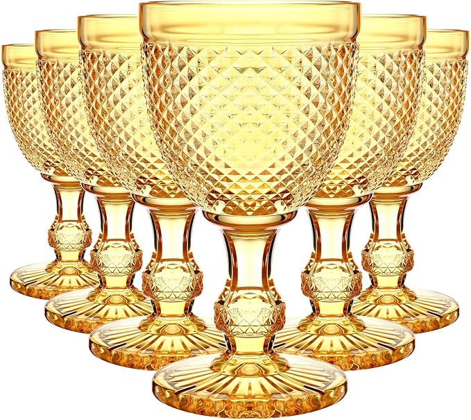 Bokon 6 Pack Amber Glass Goblets Set 10 oz High Clear Wine Glass Vintage Water Goblets Cups Embossed Diamond Design Glassware with Stem for Drinking Juice Liquor Party Wedding Bar by Bokon