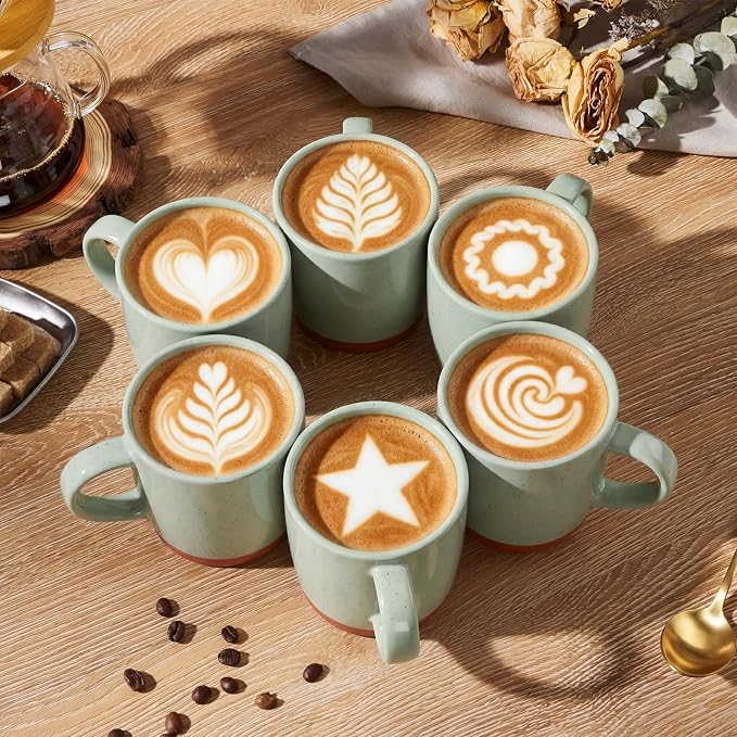 E-far Ceramic Coffee Mug Set of 6, 12oz Stoneware Coffee Cup with Handle, Porcelain Tea Cups, Modern Farmhouse Latte Mug Gift Set for Women & Men, Microwave Safe, Speckled Green - Image 4