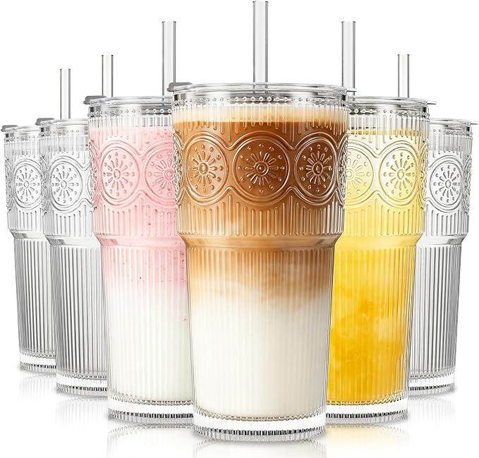 SoulTimes 20oz Ribbed & Floral Glass Tumbler with Lid and Straw – Iced Coffee Glasses Cups for Smoothie, Matcha, Juice, Water etc. Leakproof and Reusable Glassware Drinking for Travel To Go [6Pcs] by SoulTimes