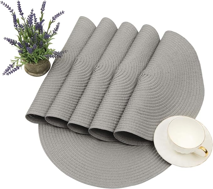 SHACOS Round Braided Placemats Set of 6 Thick Fabric Circle Grey Place Mats Woven Table Mats for Dining Tables 15 inch (Gray, 6) - Image 3
