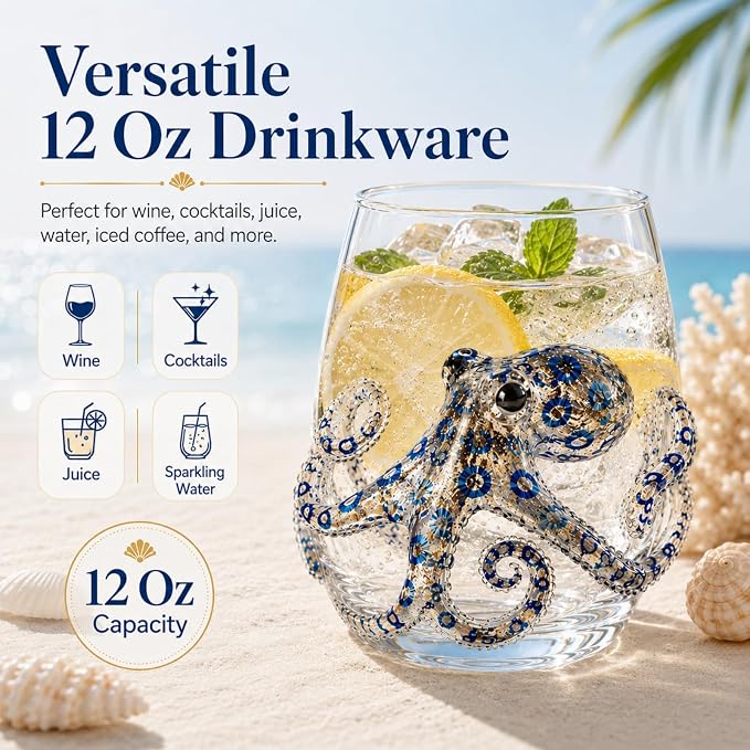 Artisanal Blue Ringed Octopus Glassware, 12oz Artisan Stemless Wine Glass (D1PC) - Image 4