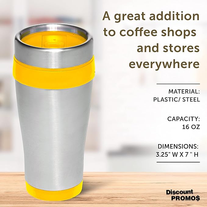 DISCOUNT PROMOS Insulated Stainless Steel Travel Mugs 16 oz. Set of 10, Bulk Pack - Perfect for Coffee, Soda, Other Hot & Cold Beverages - Yellow
