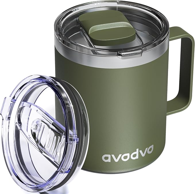 12oz Insulated Coffee Mug with Lid – Includes Two Lids, Stainless Steel Coffee Travel Mug with Handle, Double Wall Vacuum Insulated Camping Mug for Home, Office & Outdoor, Army Green by avodvo