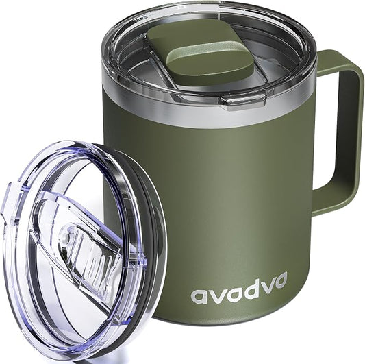 12oz Insulated Coffee Mug with Lid – Includes Two Lids, Stainless Steel Coffee Travel Mug with Handle, Double Wall Vacuum Insulated Camping Mug for Home, Office & Outdoor, Army Green by avodvo