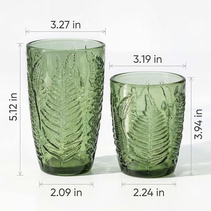Green Drinking Glasses Set of 8 - 12 & 10 oz, Vintage Boho Fern Glass Cups | Hand-Pressed, Dishwasher Safe, Leaf-Textured Glassware, Colored Embossed Highball & Lowball Tumblers for Water, Retro Kitchen - Image 8