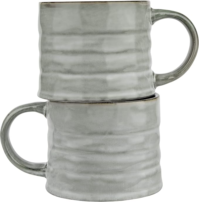 KooK Glazed Coffee Mugs, Ceramic, Microwave & Dishwasher Safe, 13 oz, Java/Slate Lined, Set of 2 by Kook