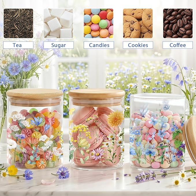 Wildflower Glass Storage Jars with Lids, Candy Cookie Jars, 3 Pcs | Spring Floral Canister Set for Kitchen Floral Airtight Candy Cookie Counter Containers Decor for Sugar Tea - Image 2
