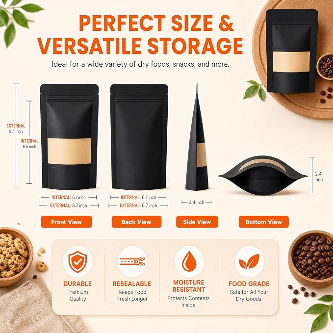 100 Pcs Black Kraft Paper Bags with Window, 6.7" x 9.4" Stand Up Pouches Bags, Food Storage Bags for Packaging Products, Reusable, Sealable - Image 3