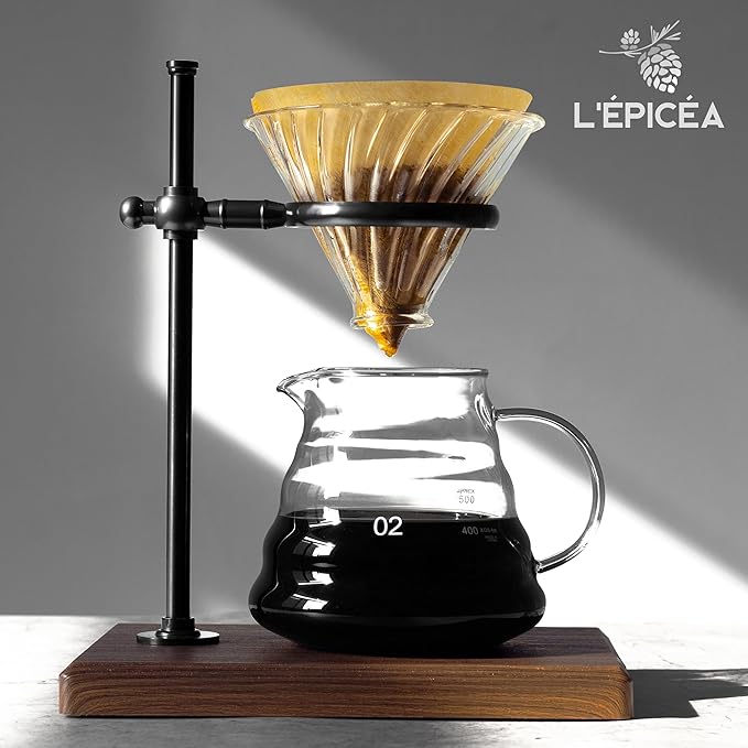 L'ÉPICÉA Pour Over Coffee Maker Set, Pour Over Coffee Maker with Stand, Adjustable Stainless Steel Stand, Wooden Base, Paper Filters, Cone Glass Carafe, Pour Over Coffee Dripper (Black)