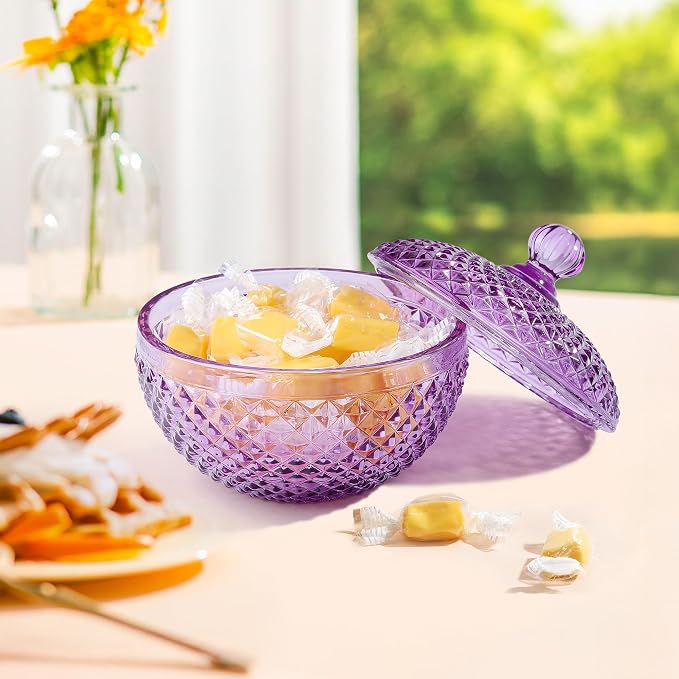 Joeyan 12 oz Small Purple Glass Jewelry Box Jars with Lid,Embossed Glass Candy Dishes,Diamond Faceted Food Container,Decorative Apothecary Canisters,Colored Kitchen Bathroom Buffet Storage Organizer - Image 4