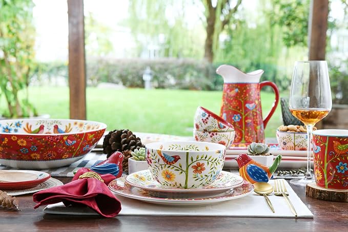Bico Red Spring Bird Pasta Bowls, 35oz Salad Bowl Set of 4, Large Ceramic Serving Dinner Bowls for Soup and Cereal, Microwave and Dishwasher Safe, Gift for Housewarming and Thanksgiving - Image 3