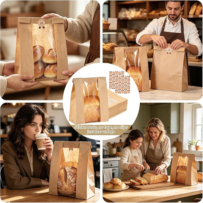 Banana Bread Packaging, Bread Packaging for Homemade, 50 Pcs 13.78" × 8.27" × 3.54" Bags with Clear Window and 50 Stickers, Water and Oil Repellent, Easy to Use, Well-Sized for Baked Goods - Image 7