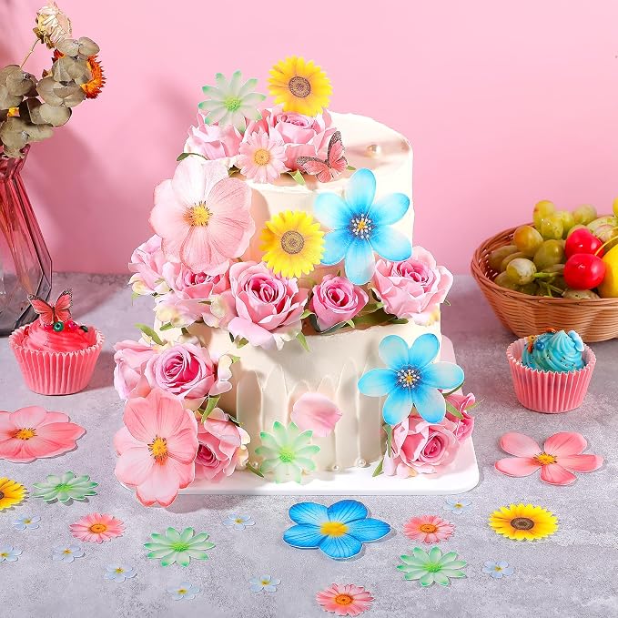 55 Pcs Edible Flowers & Butterflies Cake Decorations - Cupcake Toppers for Wedding, Birthday Party Food (Mixed Size & Colour) - Image 3