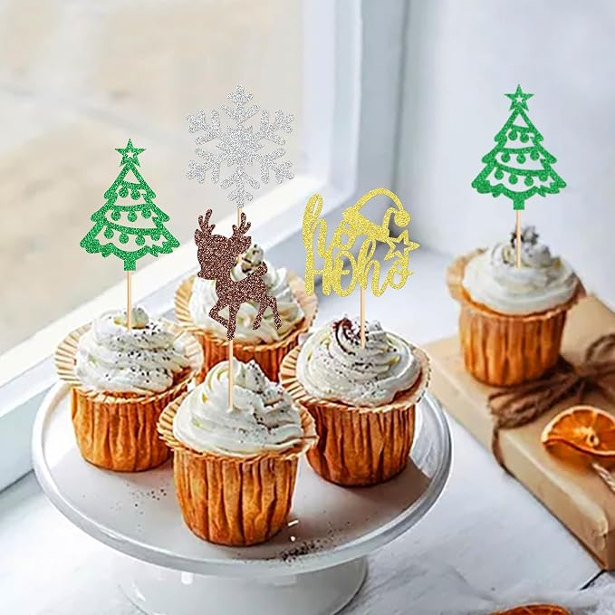 24 Pack Christmas Cupcake Toppers Xmas Tree Snowflake Cupcake Picks Christmas Eve Party Baby Shower Birthday Party Cake Decorations Supplies - Image 3
